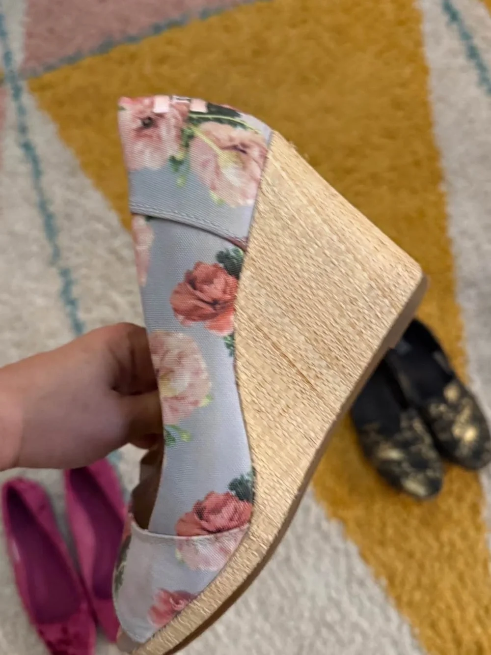 Toms Floral Open-Toe Wedges in Pink and Green